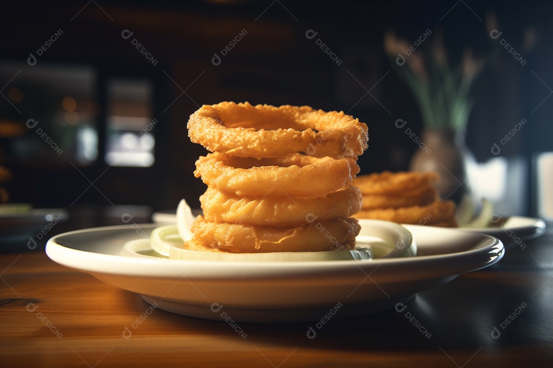 Porção de anéis de cebola fritos crocantes na mesa de madeira rústica.