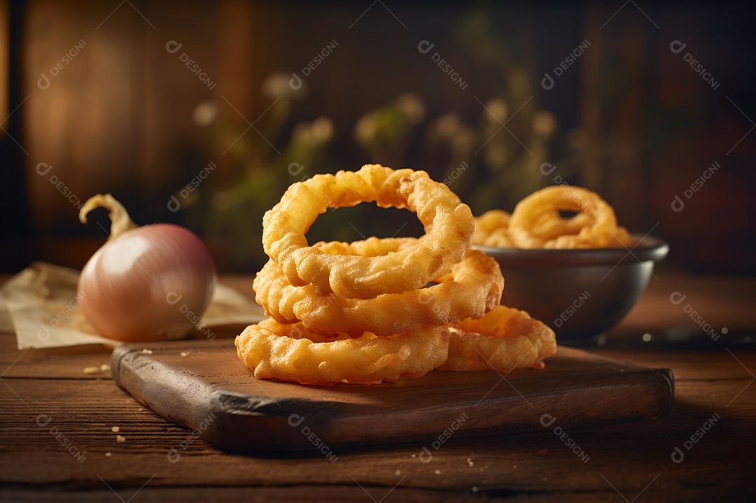 Porção de anéis de cebola fritos crocantes na mesa de madeira rústica.