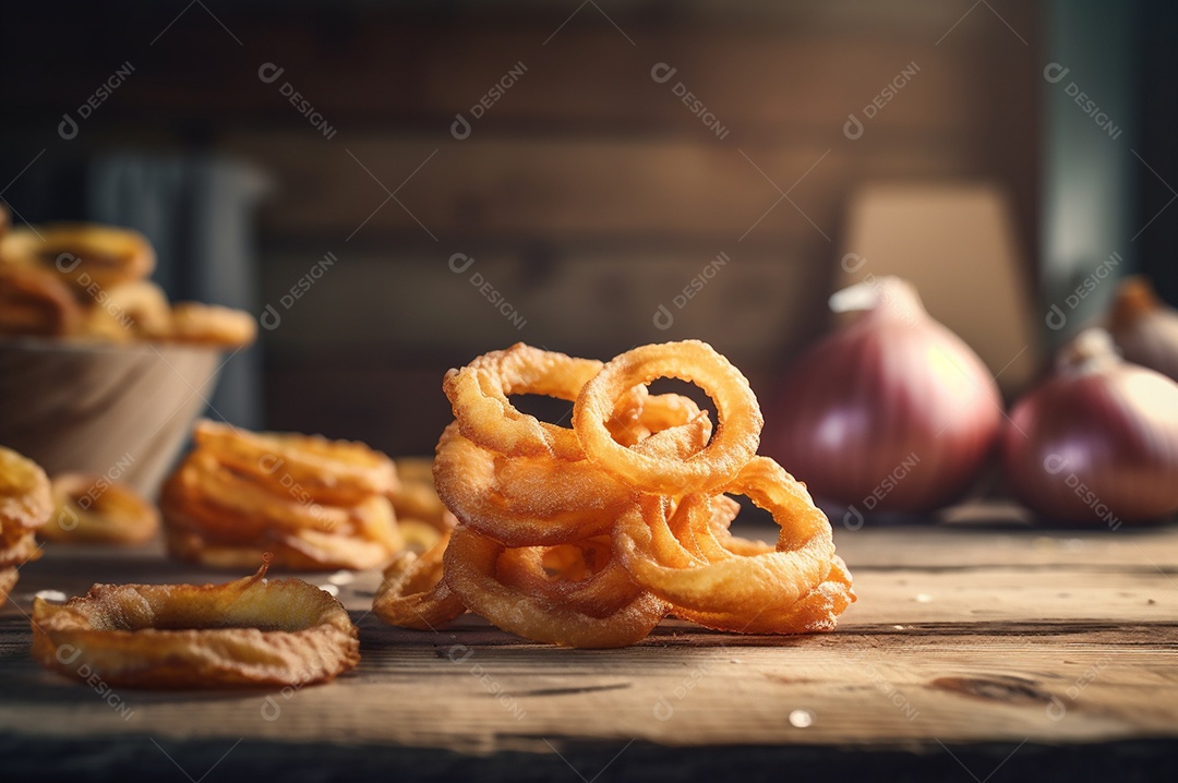 Porção de anéis de cebola fritos crocantes na mesa de madeira rústica.