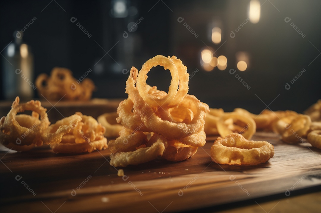 Porção de anéis de cebola fritos crocantes na mesa de madeira rústica.