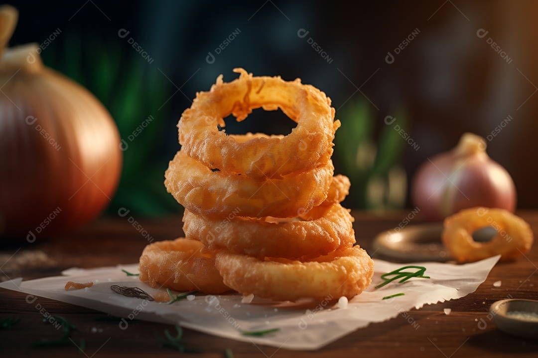 Porção de anéis de cebola fritos crocantes na mesa de madeira rústica.