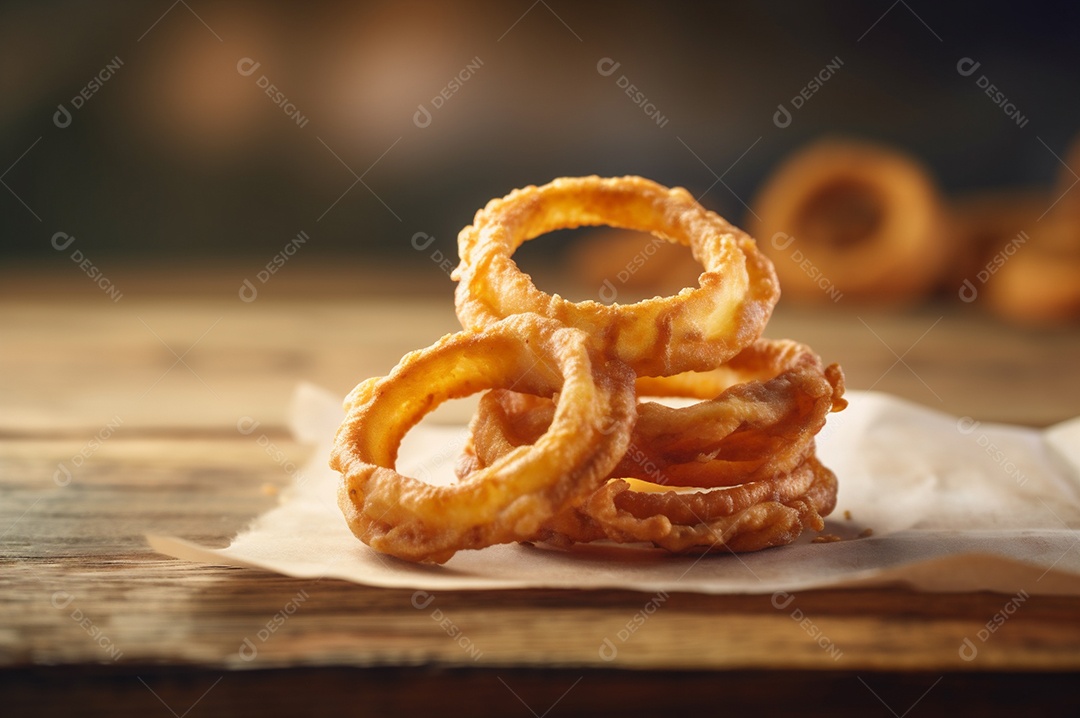 Porção de anéis de cebola fritos crocantes na mesa de madeira rústica.