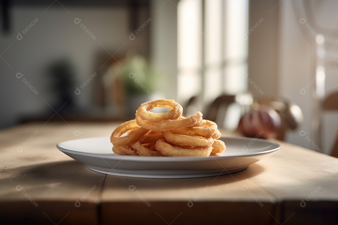 Porção de anéis de cebola fritos crocantes na mesa de madeira rústica.