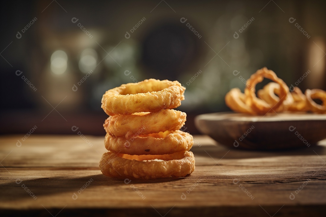 Porção de anéis de cebola fritos crocantes na mesa de madeira rústica.