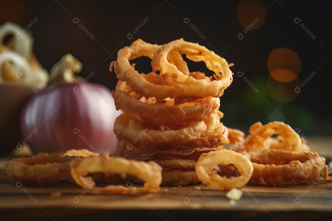 Porção de anéis de cebola fritos crocantes na mesa de madeira rústica.