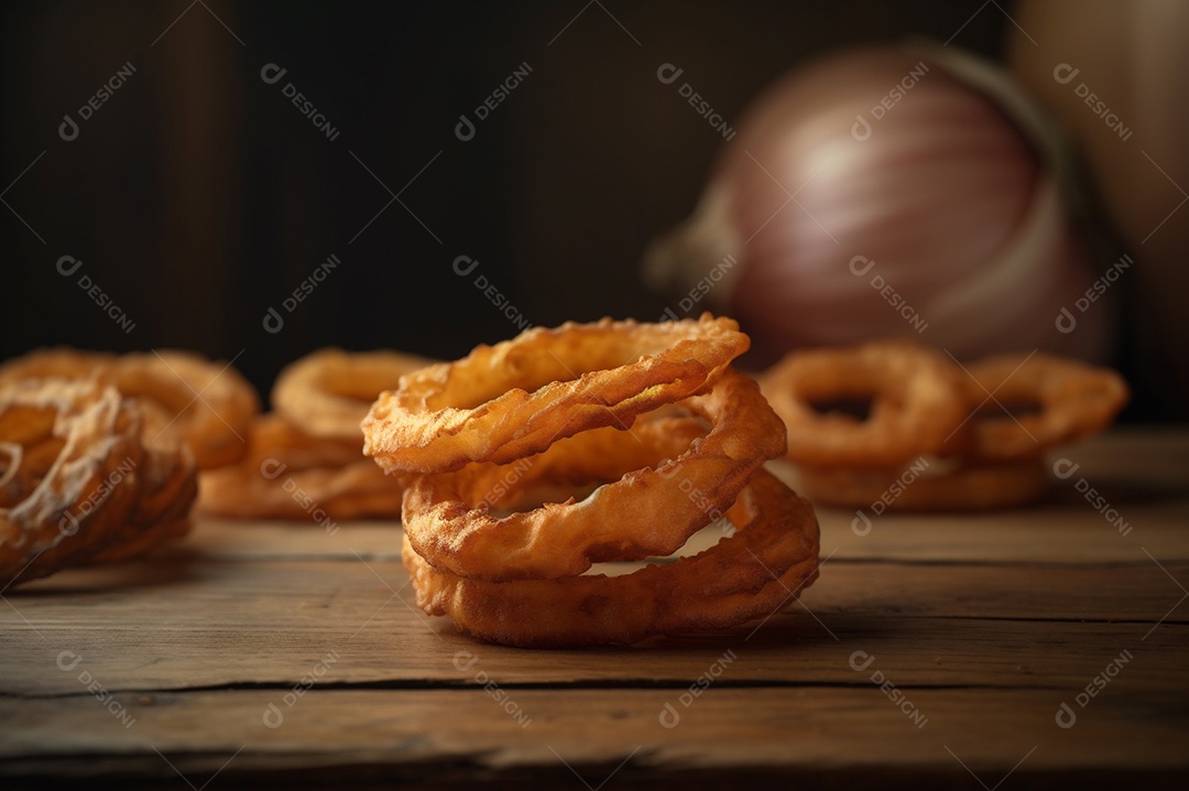 Porção de anéis de cebola fritos crocantes na mesa de madeira rústica.
