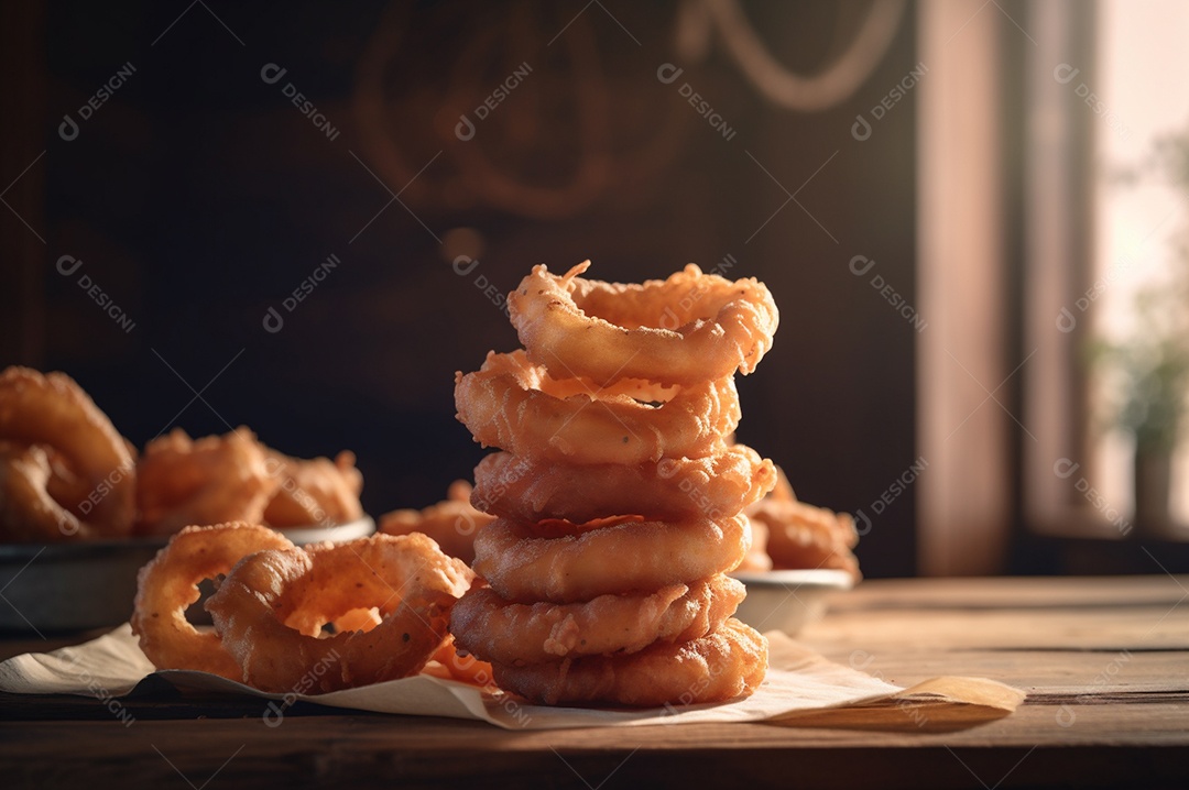 Porção de anéis de cebola fritos crocantes na mesa de madeira rústica.