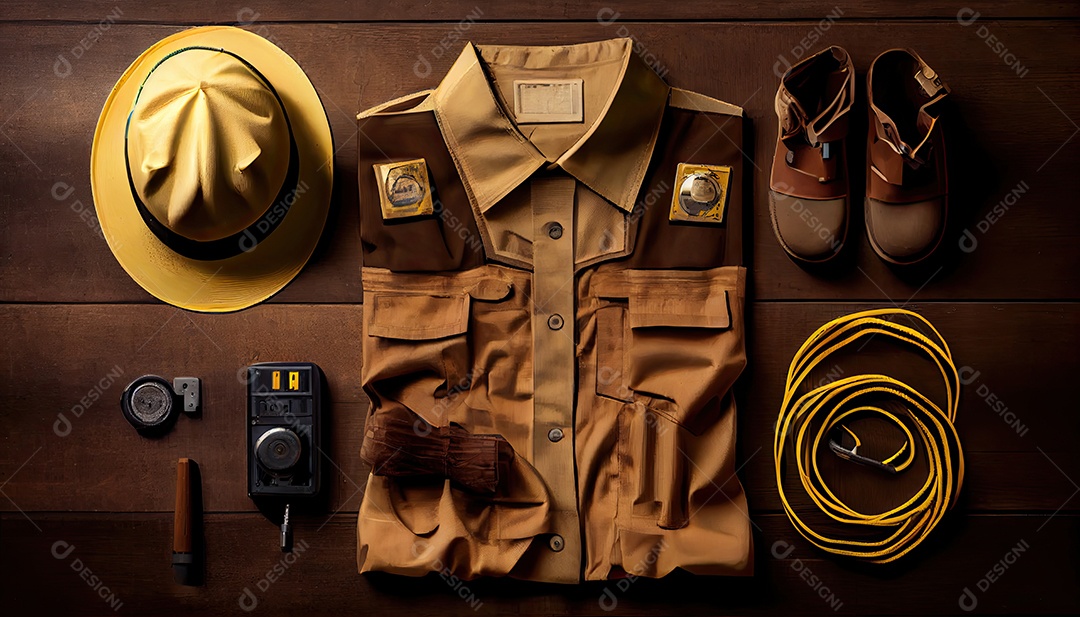 Itens uniformes de trabalho de eletricista em uma visão superior de fundo de madeira Dia do Trabalho e a importância dos trabalhadores.