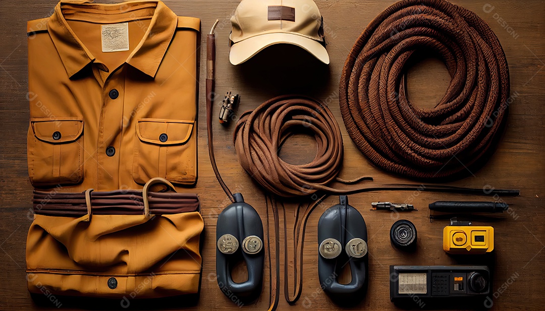 Itens uniformes de trabalho de eletricista em uma visão superior de fundo de madeira Dia do Trabalho e a importância dos trabalhadores.