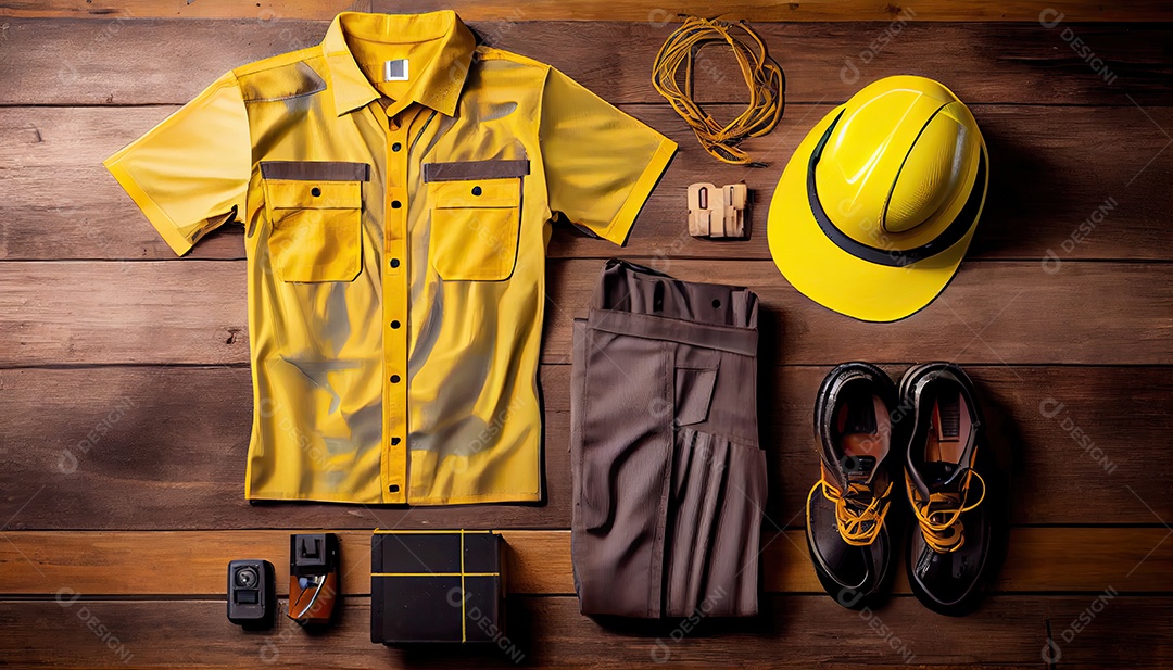 Itens uniformes de trabalho de eletricista em uma visão superior de fundo de madeira Dia do Trabalho e a importância dos trabalhadores.