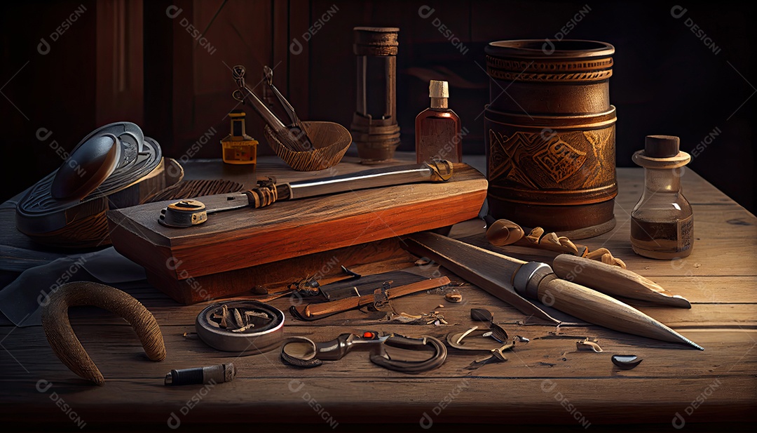 Instrumentos de carpinteiro na mesa de madeira Dia do Trabalho e a importância dos trabalhadores.