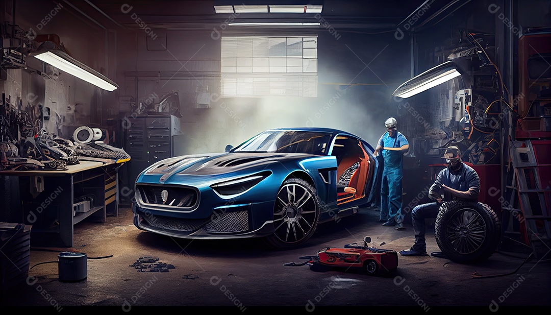 Dia do Trabalho e a importância dos trabalhadores da indústria automobilística montarem carros novos em oficina.