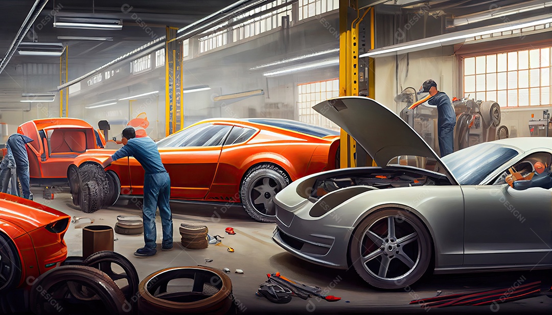 Dia do Trabalho e a importância dos trabalhadores da indústria automobilística montarem carros novos em oficina.