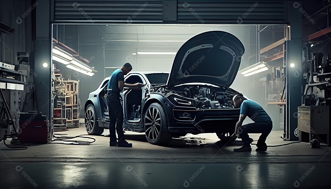 Dia do Trabalho e a importância dos trabalhadores da indústria automobilística montarem carros novos em oficina.