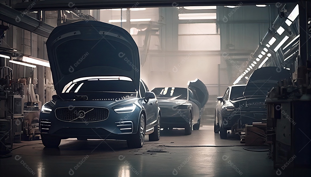 Dia do Trabalho e a importância dos trabalhadores da indústria automobilística montarem carros novos em oficina.