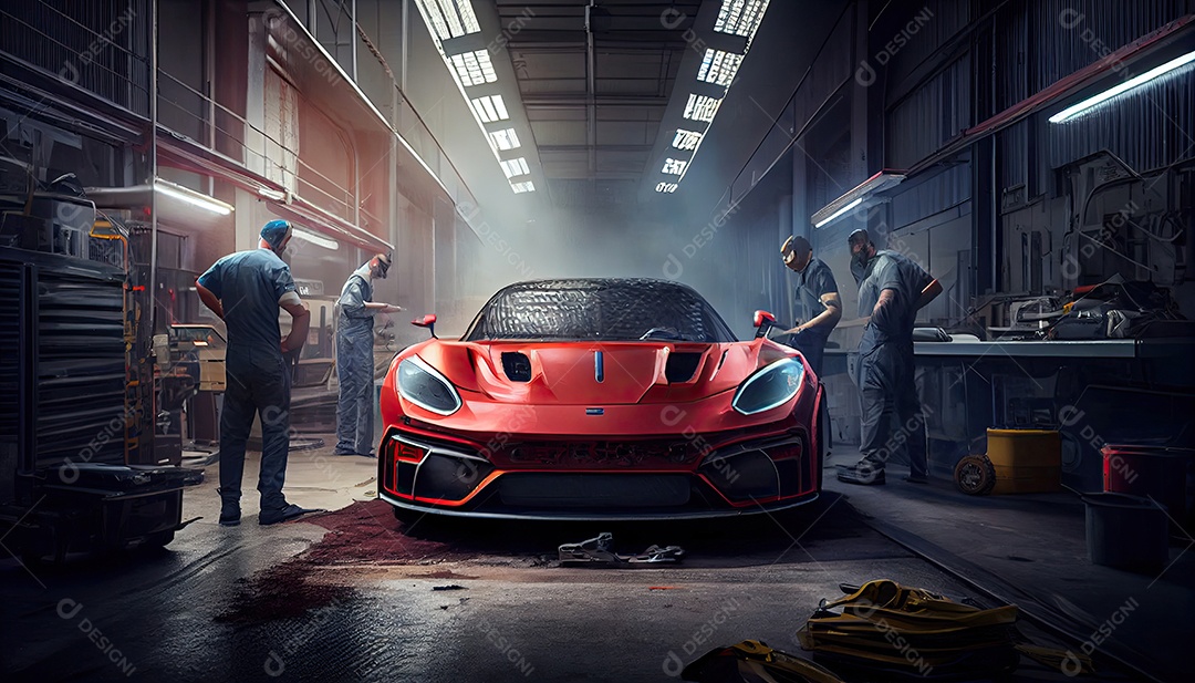 Dia do Trabalho e a importância dos trabalhadores da indústria automobilística montarem carros novos em oficina.