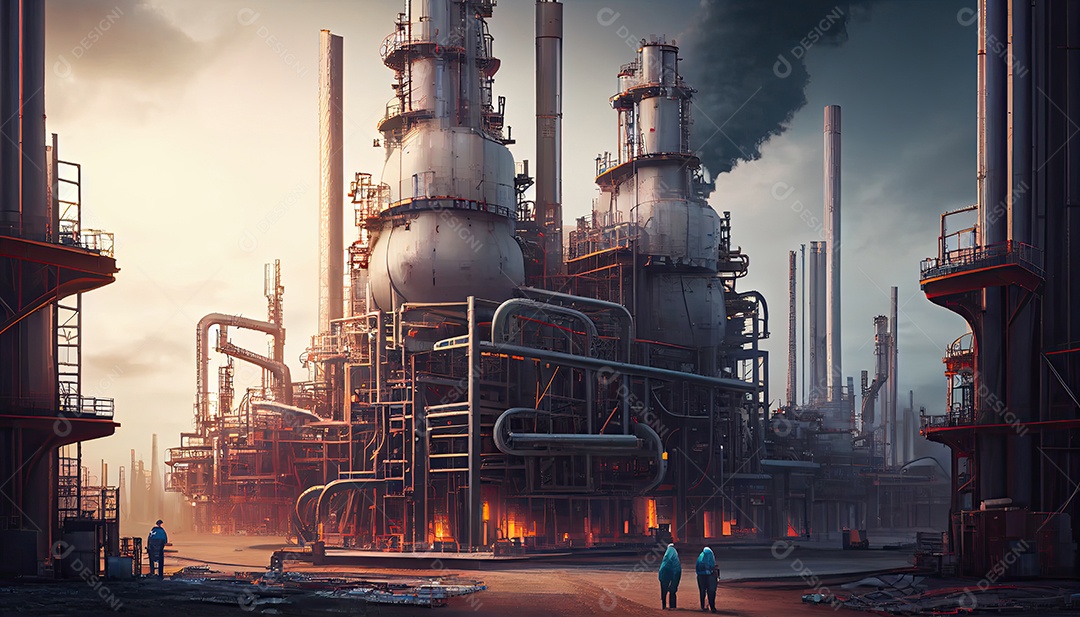 Refinaria de petróleo com pessoas no trabalho. Grande refinaria industrial com oleodutos intrincados Dia do Trabalho e a importância dos trabalhadores.