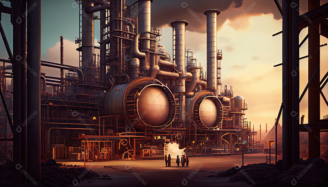 Refinaria de petróleo com pessoas no trabalho. Grande refinaria industrial com oleodutos intrincados Dia do Trabalho e a importância dos trabalhadores.