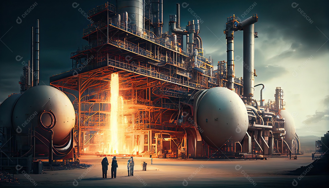 Refinaria de petróleo com pessoas no trabalho. Grande refinaria industrial com oleodutos intrincados Dia do Trabalho e a importância dos trabalhadores.