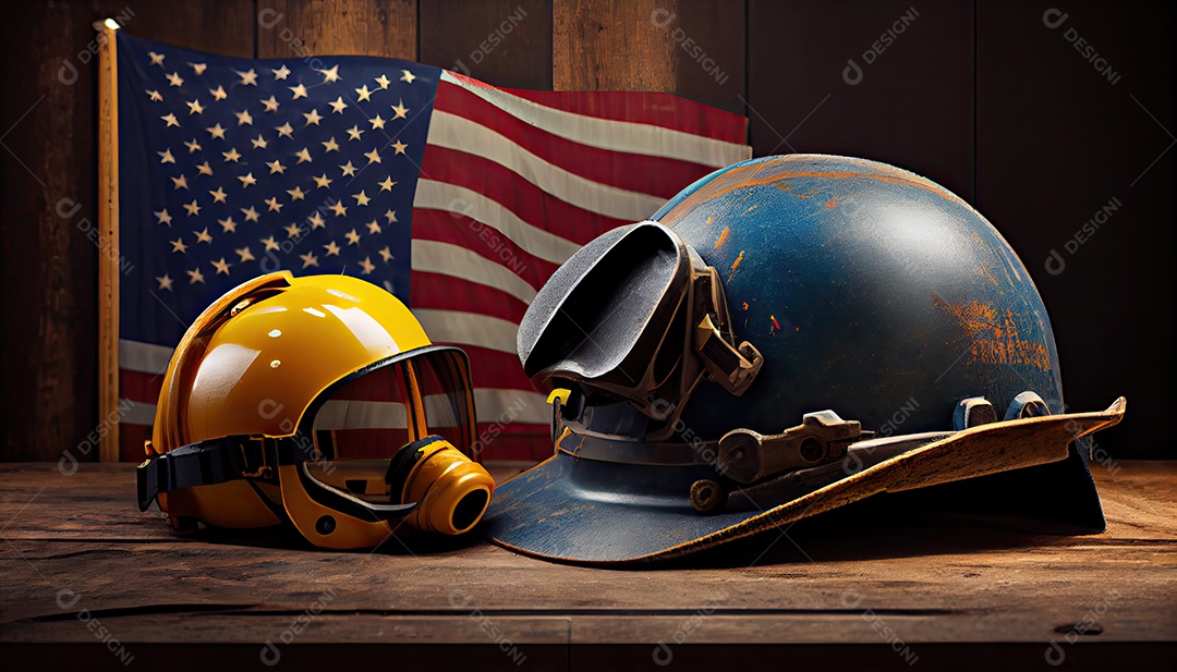 Ferramentas perto do conceito de dia do trabalho de capacete.