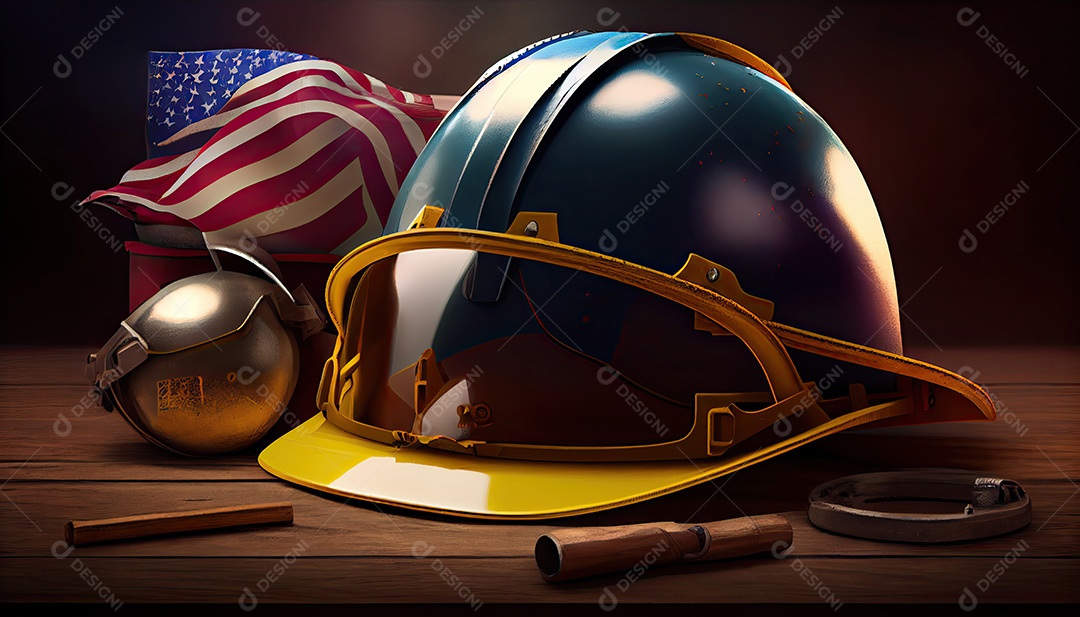 Ferramentas perto do conceito de dia do trabalho de capacete.