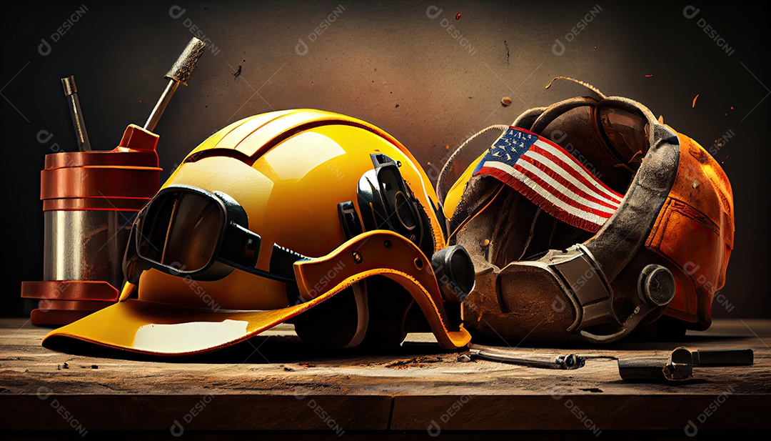 Ferramentas perto do conceito de dia do trabalho de capacete.