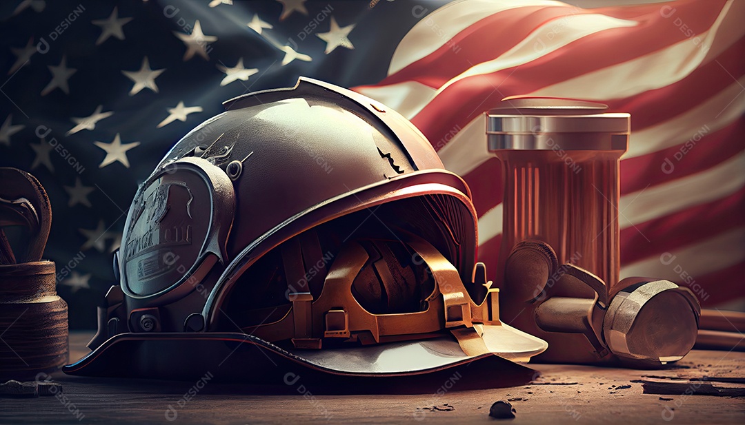 Ferramentas perto do conceito de dia do trabalho de capacete.