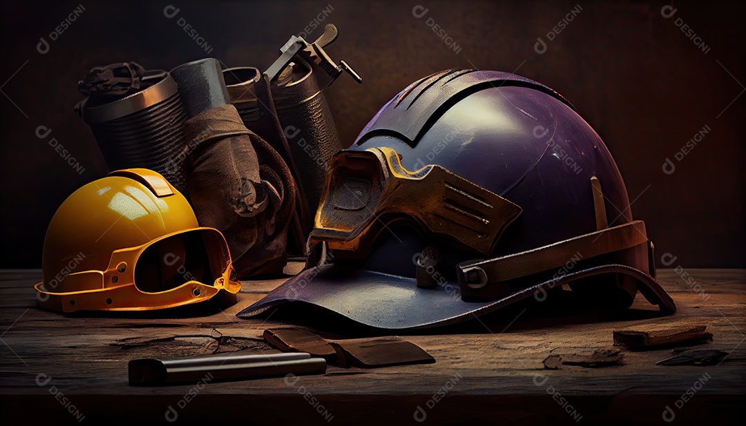 Ferramentas perto do conceito de dia do trabalho de capacete.