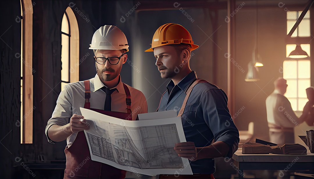 Jovens engenheiros e colegas engenheiros caucasianos no inspetor do local e discutem juntos usando o computador notebook e a planta de papel na construção do conceito de ideias de renovação da casa do canteiro de obras Dia do Trabalho.