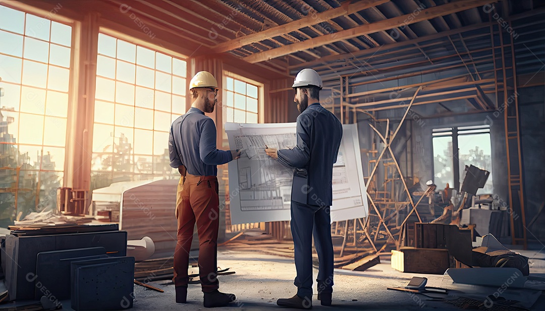 Jovens engenheiros e colegas engenheiros caucasianos no inspetor do local e discutem juntos usando o computador notebook e a planta de papel na construção do conceito de ideias de renovação da casa do canteiro de obras Dia do Trabalho.