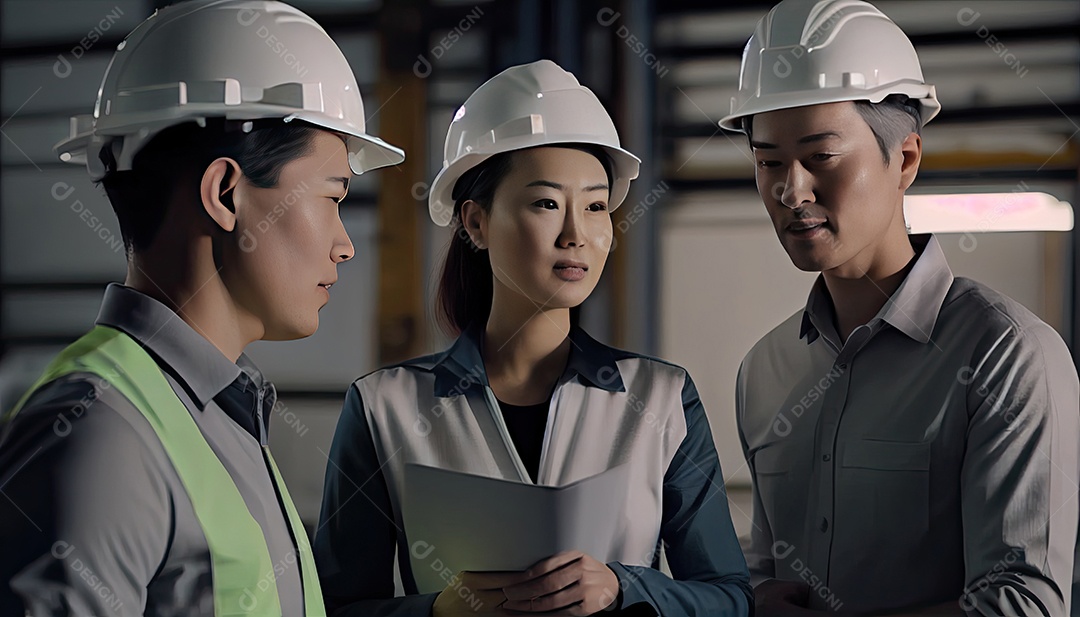 Jovens engenheiros e colegas engenheiros caucasianos no inspetor do local e discutem juntos usando o computador notebook e a planta de papel na construção do conceito de ideias de renovação da casa do canteiro de obras Dia do Trabalho.