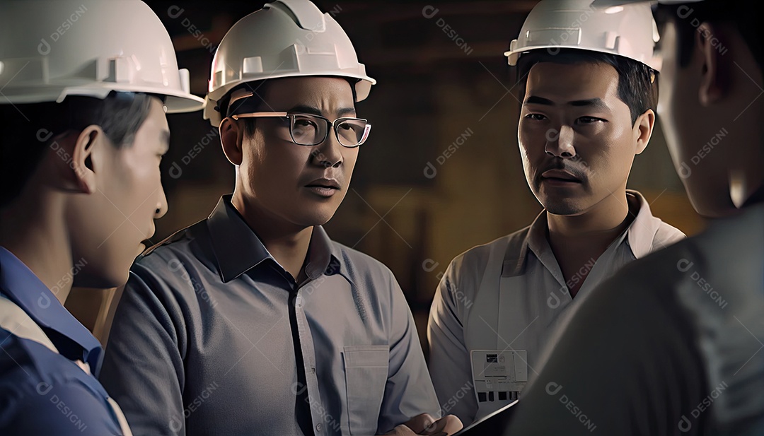 Jovens engenheiros e colegas engenheiros caucasianos no inspetor do local e discutem juntos usando o computador notebook e a planta de papel na construção do conceito de ideias de renovação da casa do canteiro de obras Dia do Trabalho.