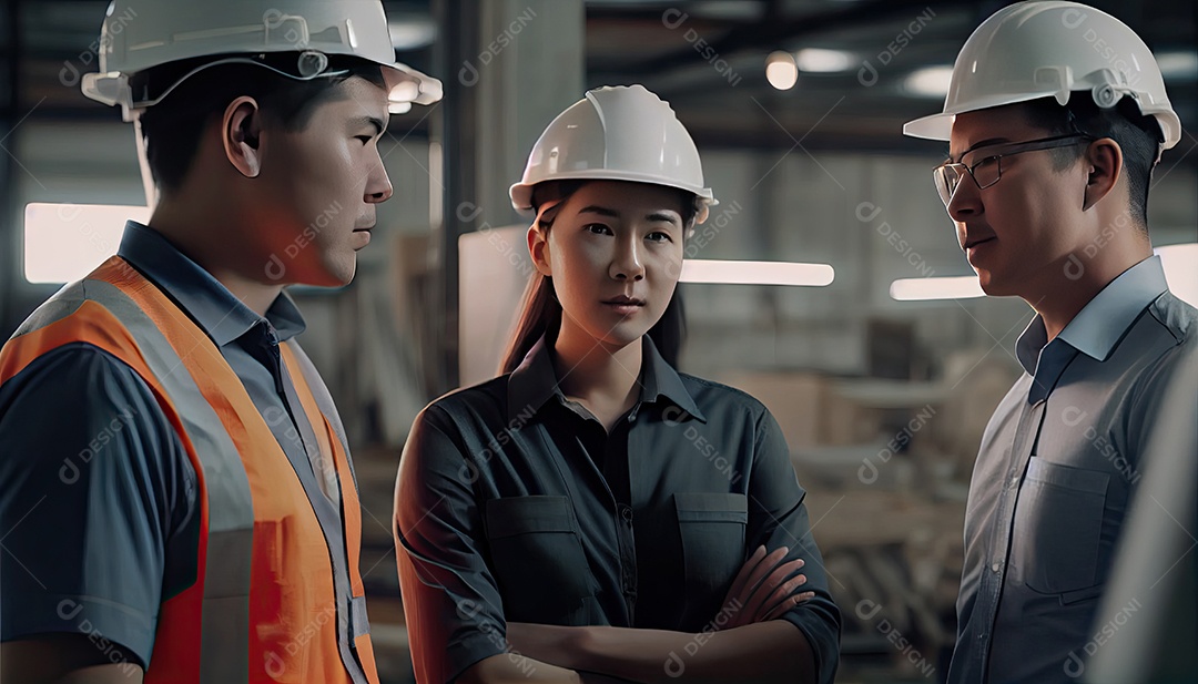 Jovens engenheiros e colegas engenheiros caucasianos no inspetor do local e discutem juntos usando o computador notebook e a planta de papel na construção do conceito de ideias de renovação da casa do canteiro de obras Dia do Trabalho.