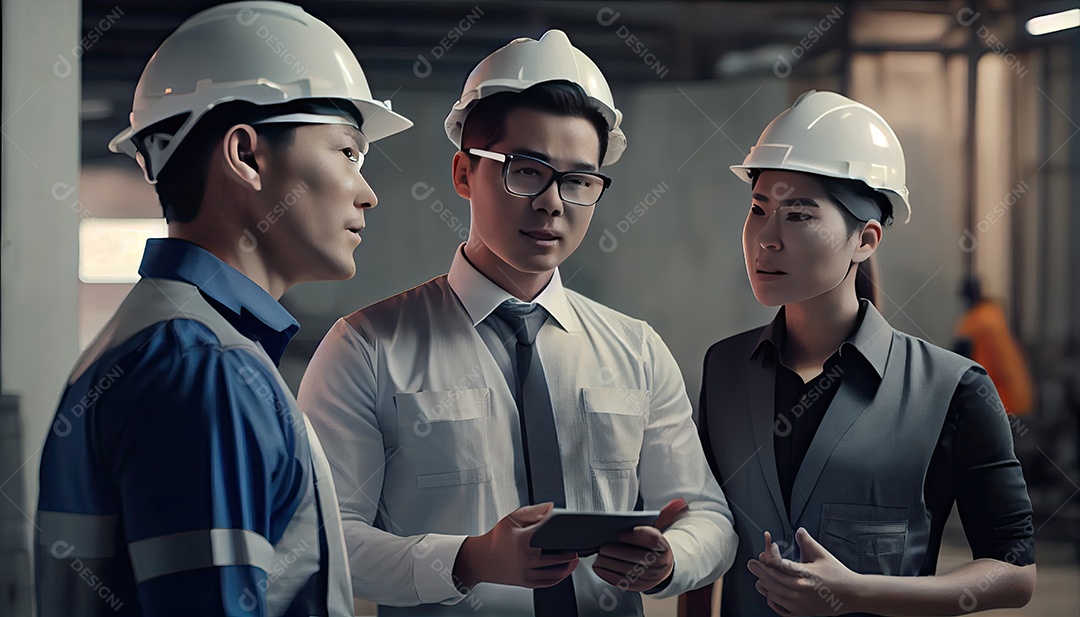 Jovens engenheiros e colegas engenheiros caucasianos no inspetor do local e discutem juntos usando o computador notebook e a planta de papel na construção do conceito de ideias de renovação da casa do canteiro de obras Dia do Trabalho.