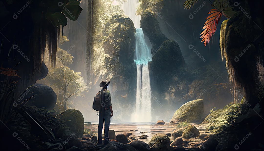 Homem em frente a uma cachoeira em uma aventura na floresta tropical Dia Mundial do Turismo 27 de setembro.