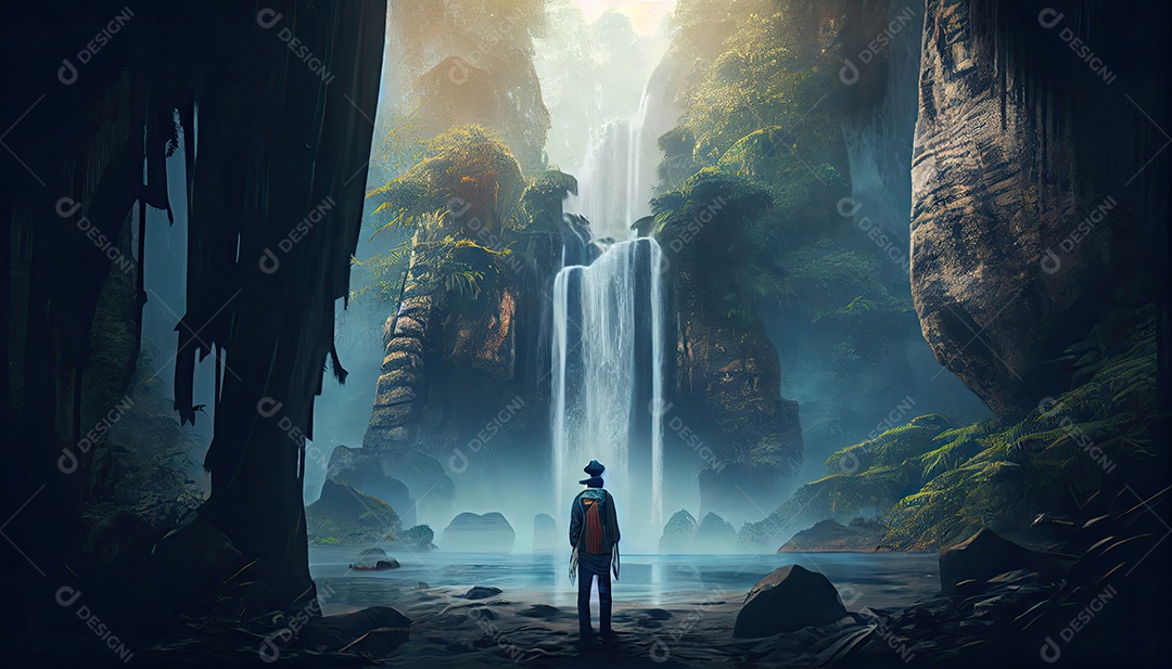 Homem em frente a uma cachoeira em uma aventura na floresta tropical Dia Mundial do Turismo 27 de setembro.