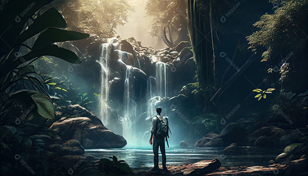 Homem em frente a uma cachoeira em uma aventura na floresta tropical Dia Mundial do Turismo 27 de setembro.