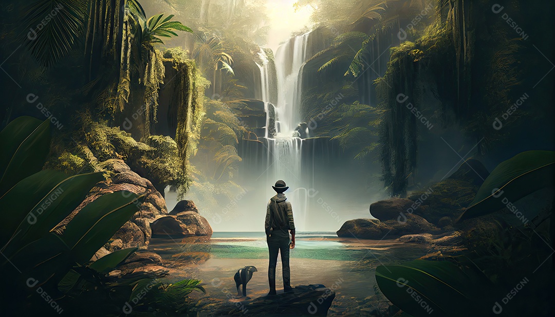 Homem em frente a uma cachoeira em uma aventura na floresta tropical Dia Mundial do Turismo 27 de setembro.