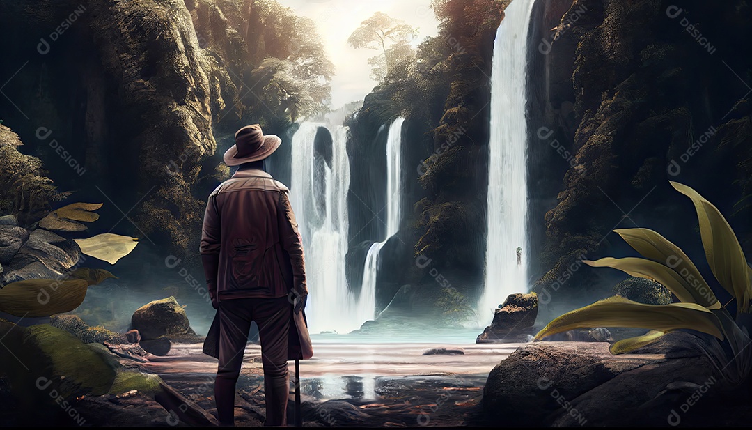 Homem em frente a uma cachoeira em uma aventura na floresta tropical Dia Mundial do Turismo 27 de setembro.