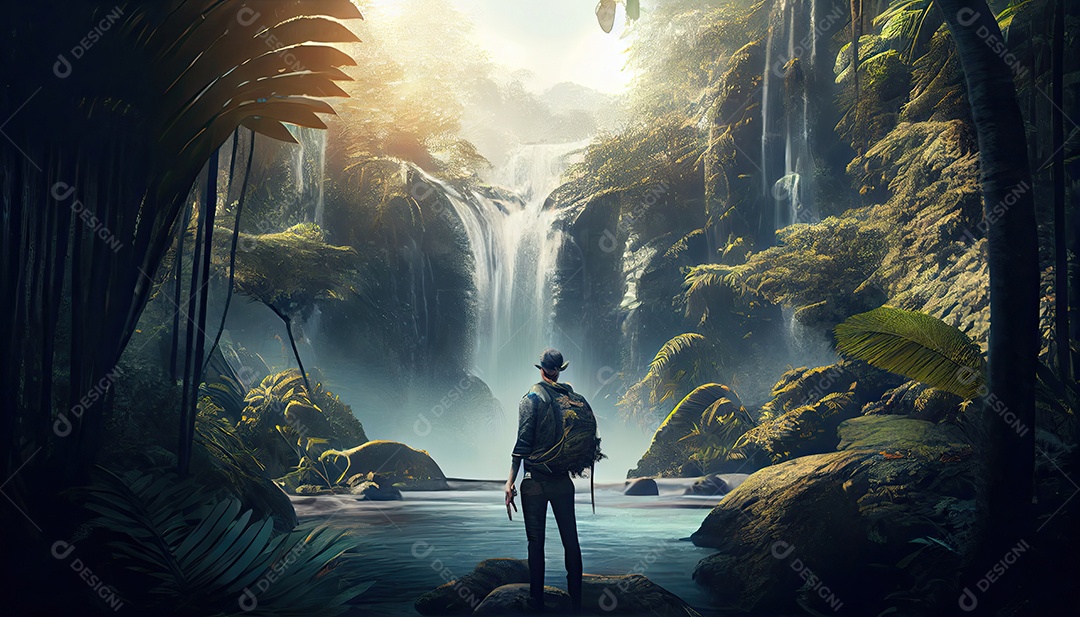 Mulher em frente a uma cachoeira em uma aventura na floresta tropical Dia Mundial do Turismo 27 de setembro.