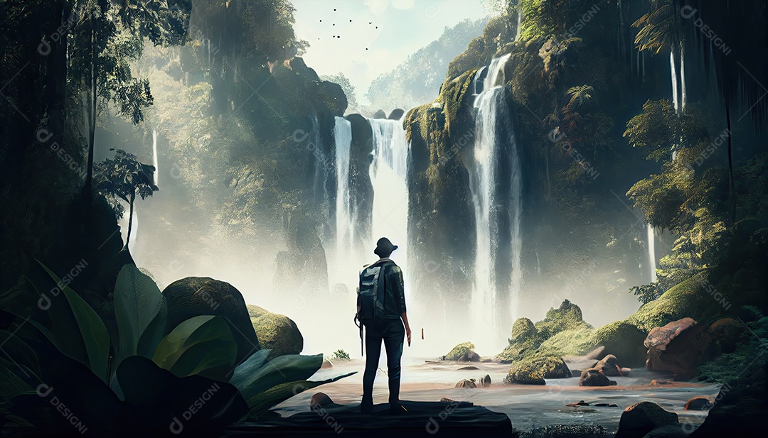 Homem em frente a uma cachoeira em uma aventura na floresta tropical Dia Mundial do Turismo 27 de setembro.