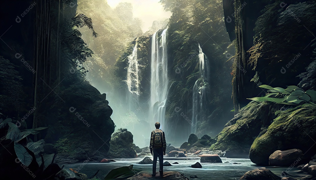 Homem em frente a uma cachoeira em uma aventura na floresta tropical Dia Mundial do Turismo 27 de setembro.