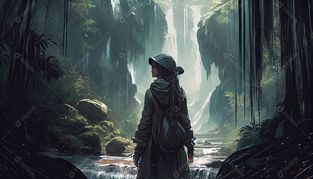 Mulher em frente a uma cachoeira em uma aventura na floresta tropical Dia Mundial do Turismo 27 de setembro.