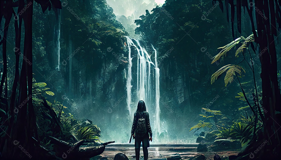 Mulher em frente a uma cachoeira em uma aventura na floresta tropical Dia Mundial do Turismo 27 de setembro.