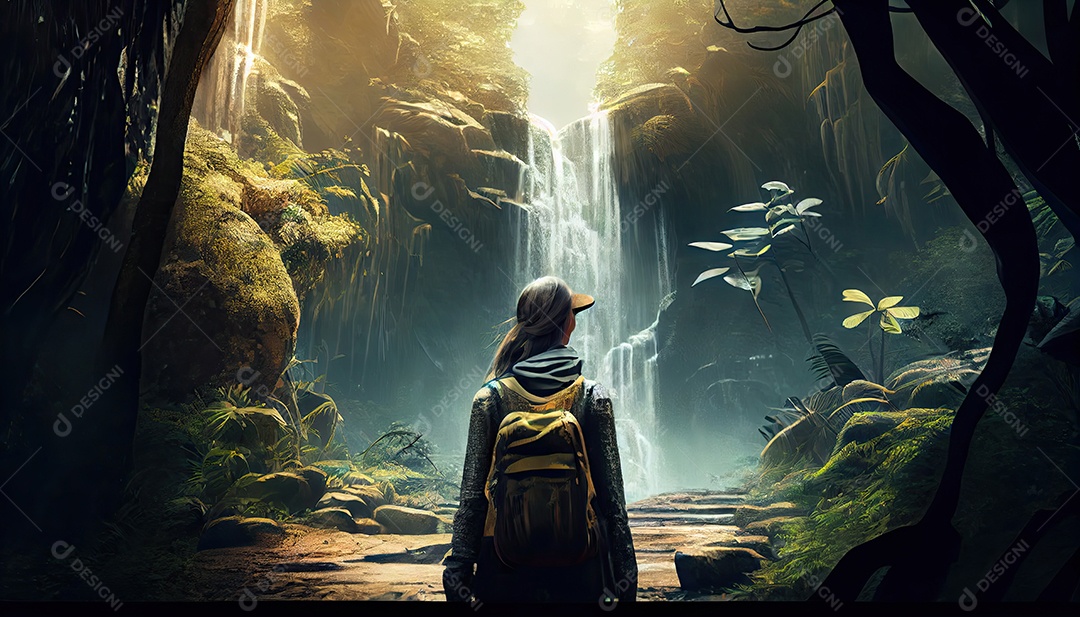 Mulher em frente a uma cachoeira em uma aventura na floresta tropical Dia Mundial do Turismo 27 de setembro.