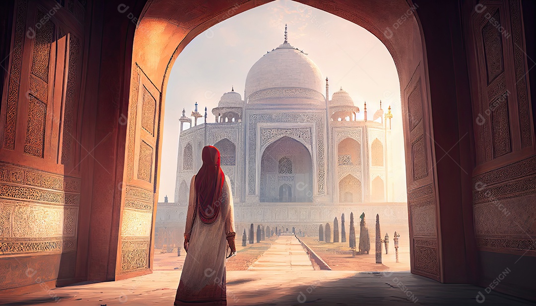 Mulher no Taj Mahal viaja como turista na Índia Ramadã, o tempo sagrado para a oração Dia Mundial do Turismo 27 de setembro.