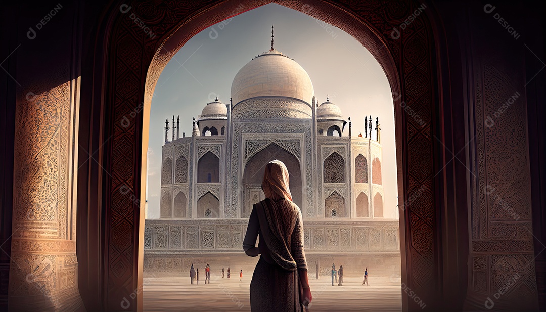Mulher no Taj Mahal viaja como turista na Índia Ramadã, o tempo sagrado para a oração Dia Mundial do Turismo 27 de setembro.