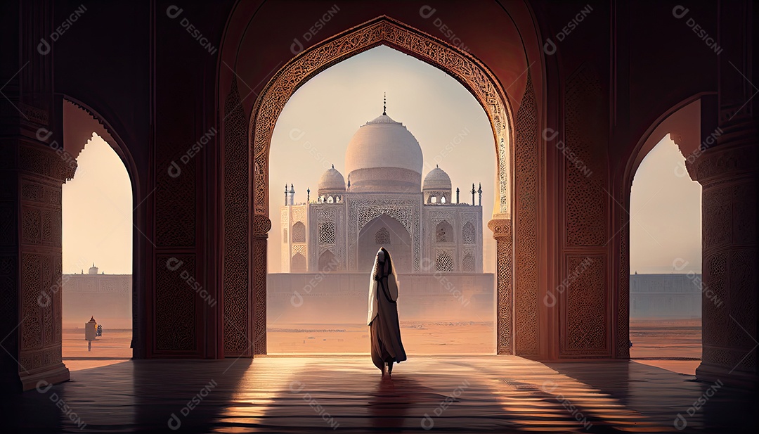 Mulher no Taj Mahal viaja como turista na Índia Ramadã, o tempo sagrado para a oração Dia Mundial do Turismo 27 de setembro.