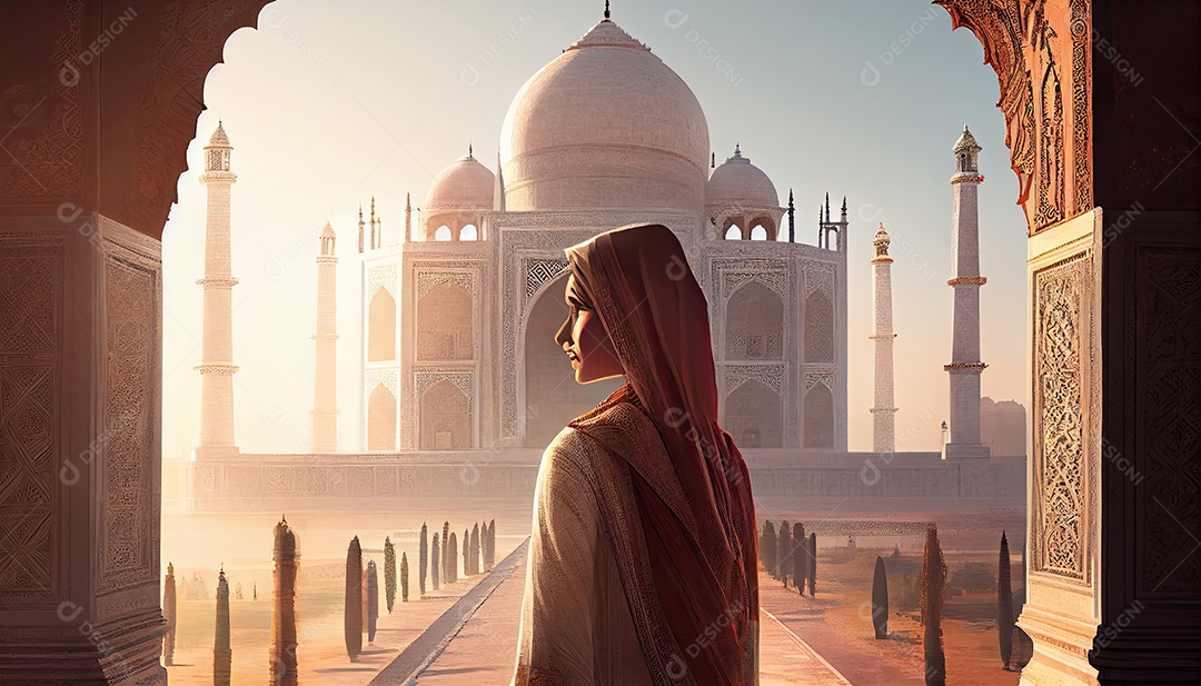 Mulher no Taj Mahal viaja como turista na Índia Ramadã, o tempo sagrado para a oração Dia Mundial do Turismo 27 de setembro.