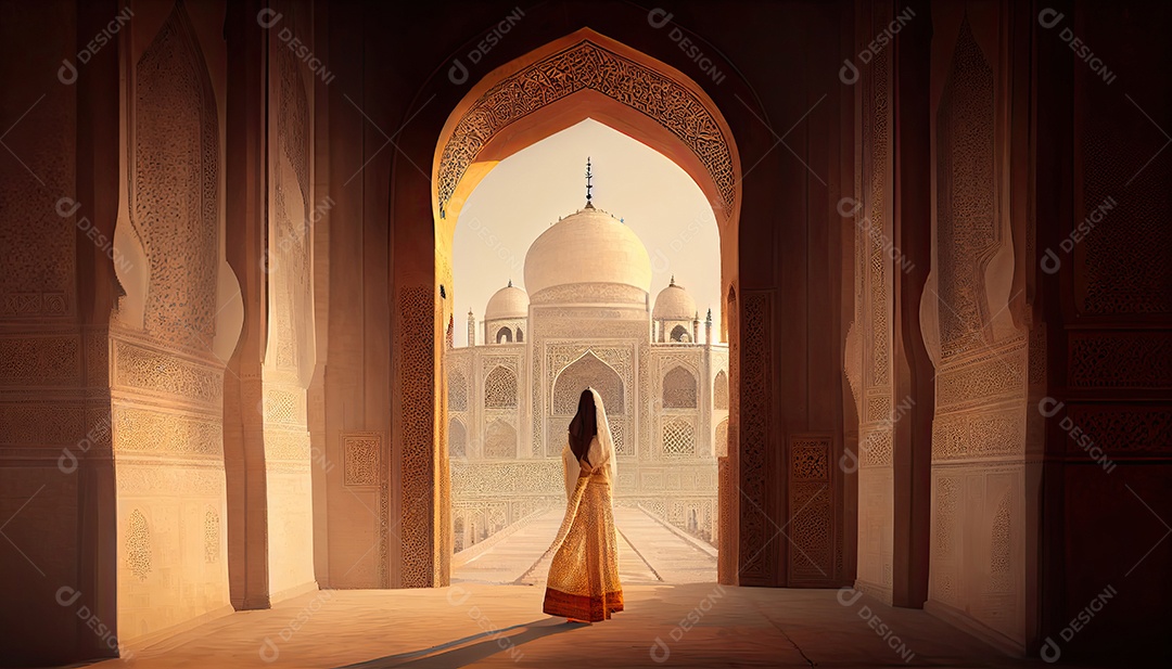 Mulher no Taj Mahal viaja como turista na Índia Ramadã, o tempo sagrado para a oração Dia Mundial do Turismo 27 de setembro.